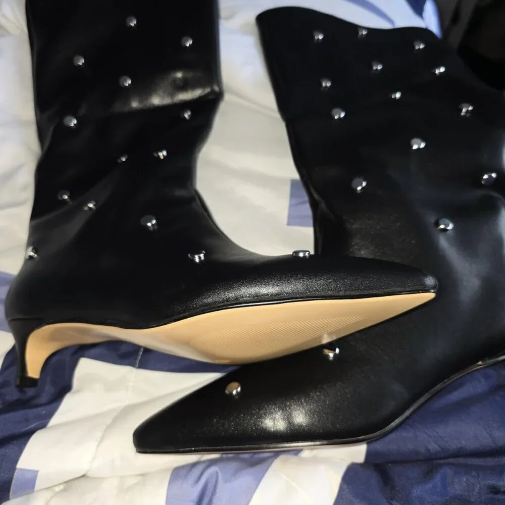 Women's Black Pointed Toe Knee High Kitten Heel Mid Wide Calf Zipper Boots